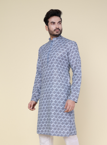 Royal Blue Geometric Silk Kurta with Pajama