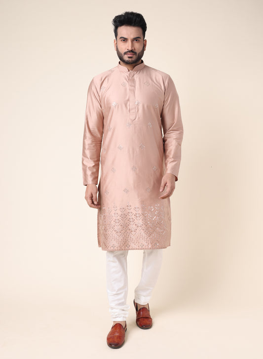 Men’s Peach Embroidered Silk Kurta with Pajama