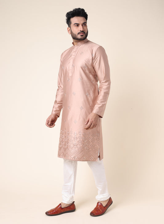 Men’s Peach Embroidered Silk Kurta with Pajama