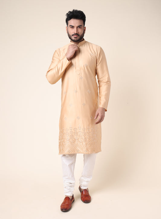 Men’s Rose Gold Embroidered Silk Kurta with Pajama