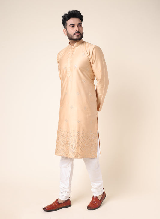 Men’s Rose Gold Embroidered Silk Kurta with Pajama