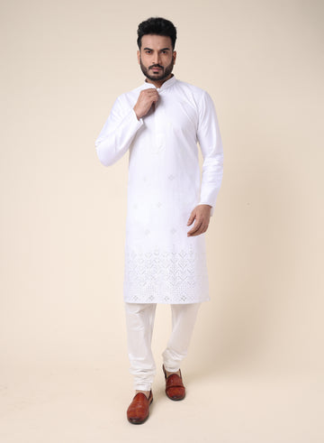 Men’s White Embroidered Silk Kurta with Pajama