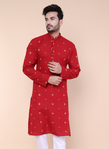 Men's Maroon Printed Cotton Kurta with Pajama