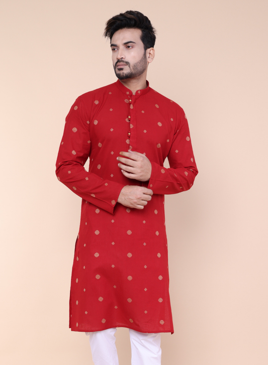 Men's Maroon Printed Cotton Kurta