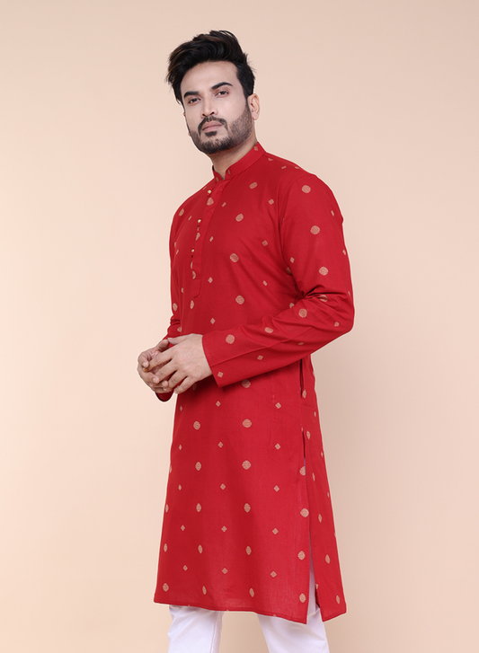 Men's Maroon Printed Cotton Kurta