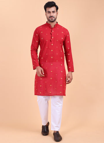 Men’s Maroon Printed Cotton Kurta with Pant