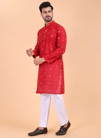 Men’s Maroon Printed Cotton Kurta with Pant