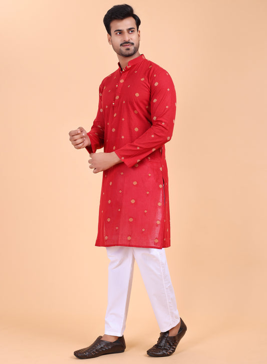 Men’s Maroon Printed Cotton Kurta with Pajama