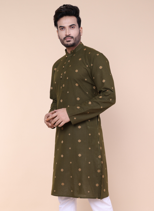 Men's Green Printed Cotton Kurta