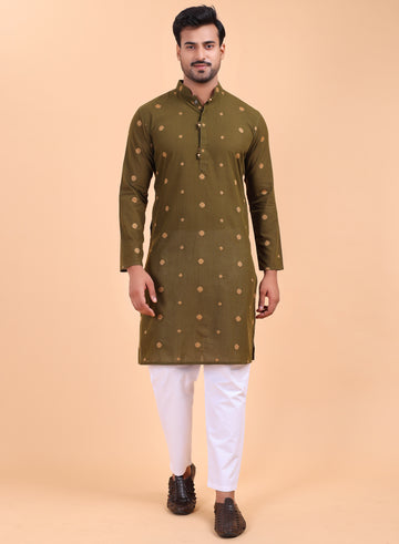 Men’s Mehendi Printed Cotton Kurta with Pant