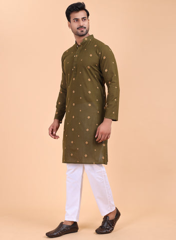 Men’s Mehendi Printed Cotton Kurta with Pant