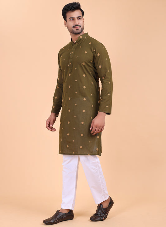 Men’s Mehendi Printed Cotton Kurta with Pajama