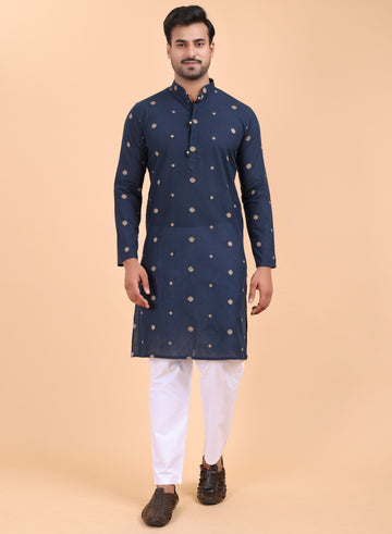 Men’s Navy Blue Printed Cotton Kurta with Pant