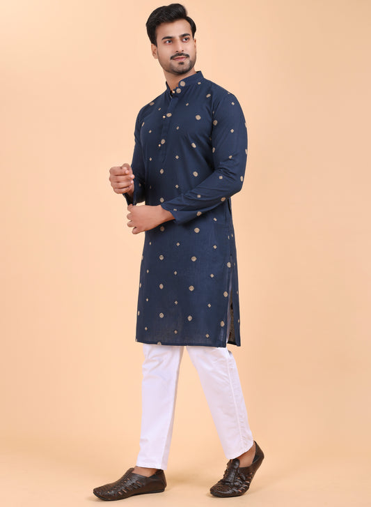 Men’s Navy Blue Printed Cotton Kurta with Pajama