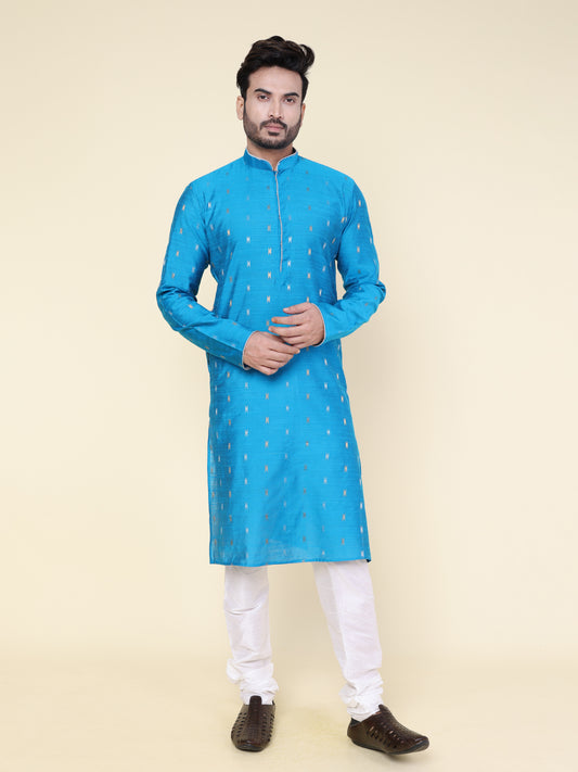 Men's Aqua Printed Silk Kurta with Pajama
