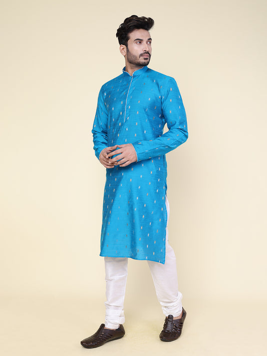 Men's Aqua Printed Silk Kurta with Pajama