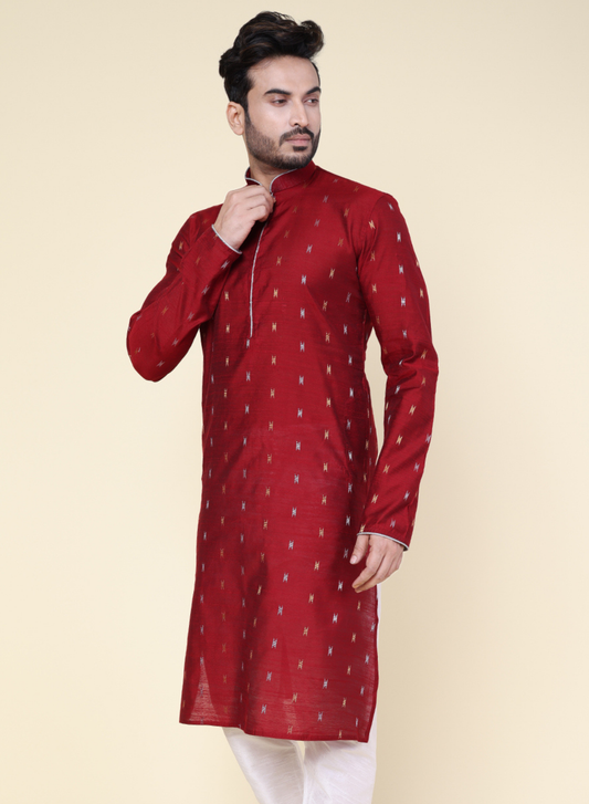 Men's Maroon Silk Kurta