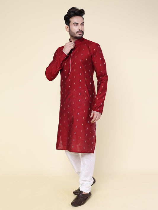 Men's Maroon Printed Silk Kurta with Pajama