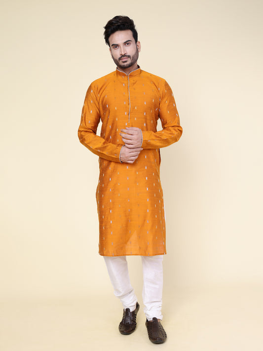 Men's Rust Printed Silk Kurta with Pajama