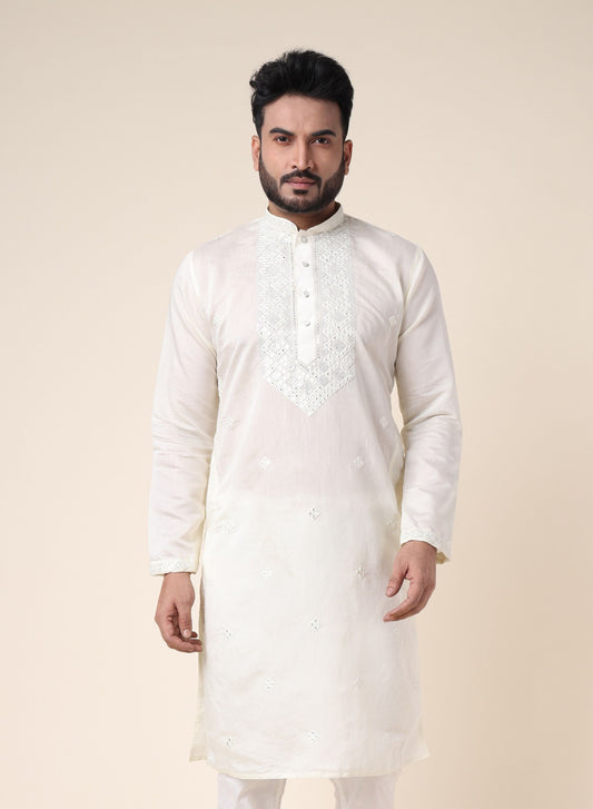 Men’s Cream Mirror Work Silk Kurta