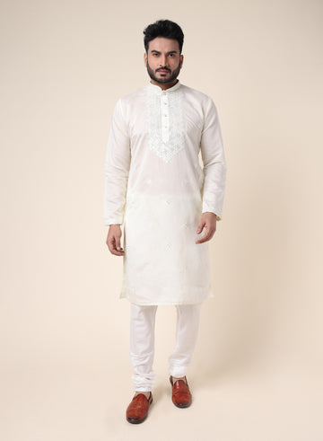 Men’s Cream Silk Kurta with White Pajama