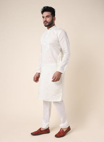 Men’s Cream Silk Kurta with White Pajama