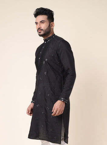 Men’s Black Mirror Work Silk Kurta