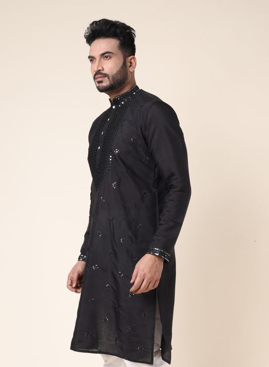 Men’s Black Mirror Work Silk Kurta