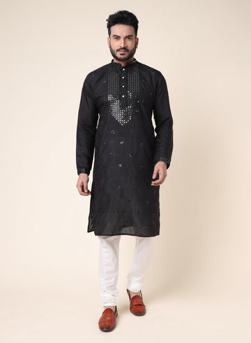 Men’s Black Printed Silk Kurta with White Pajama