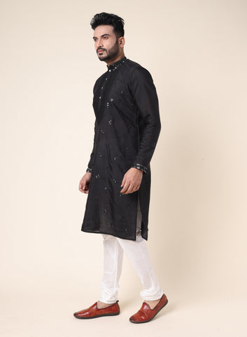 Men’s Black Printed Silk Kurta with White Pajama