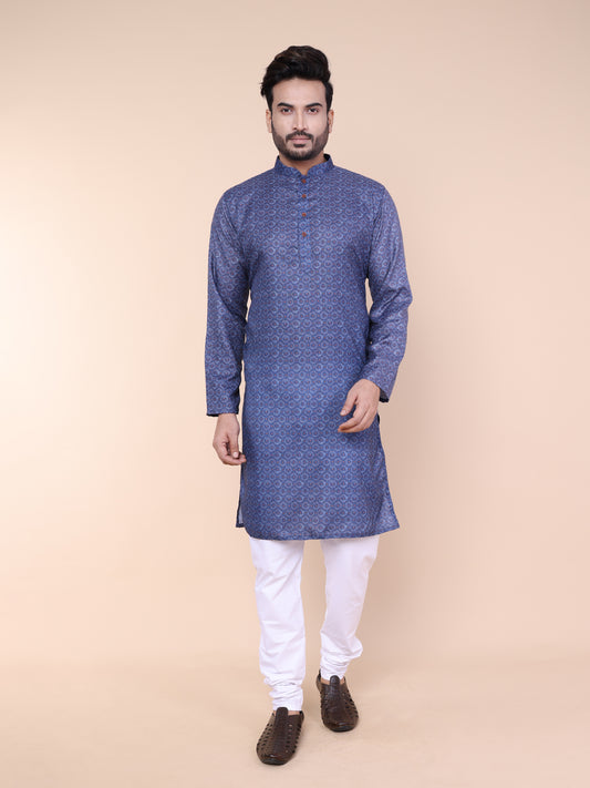 Men’s Blue Printed Cotton Kurta with Pajama