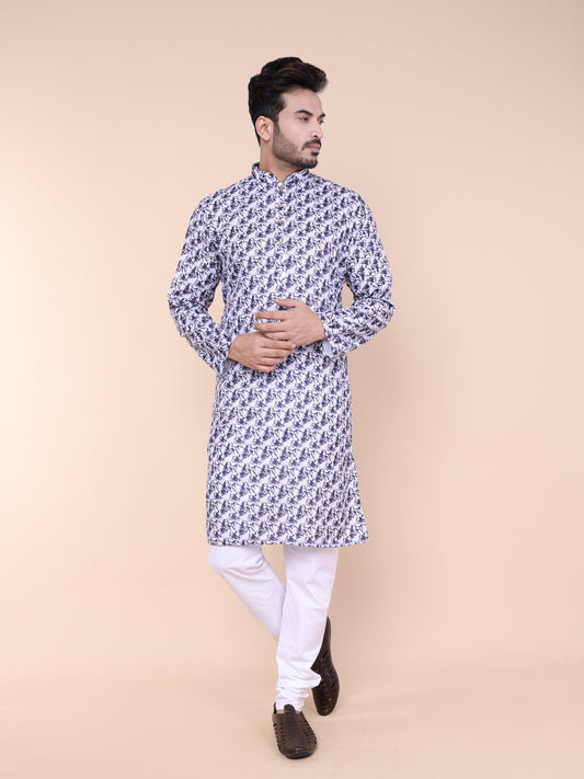 Men’s White & Navy Abstract Print Cotton Kurta with Pajama