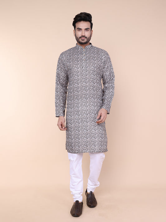 Men’s Brown Abstract Print Cotton Kurta with Pajama