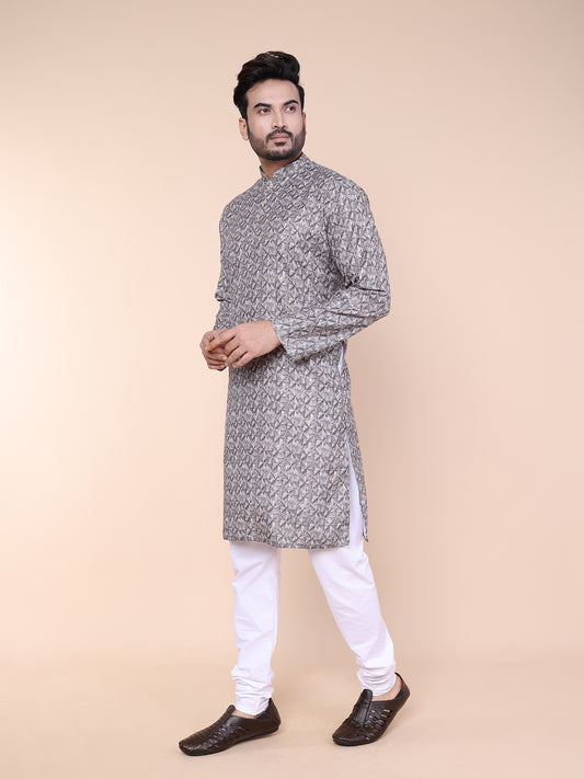 Men’s Brown Abstract Print Cotton Kurta with Pajama