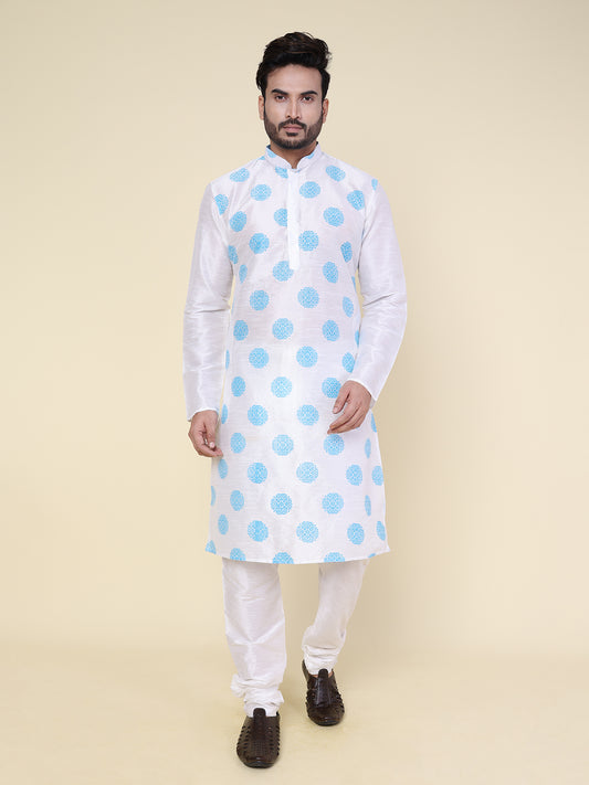 Men’s White Silk Kurta with Blue Motif & Pajama