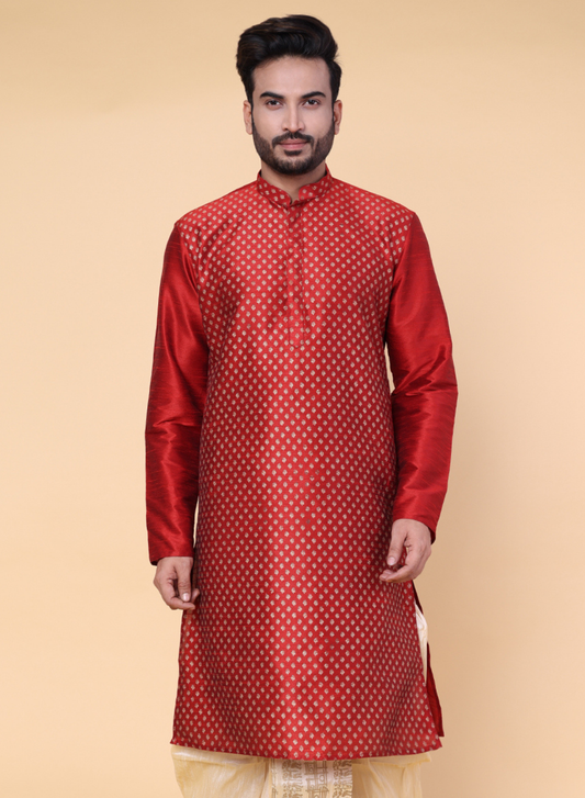 Men’s Maroon Silk Blend Kurta with Gold Motif Design