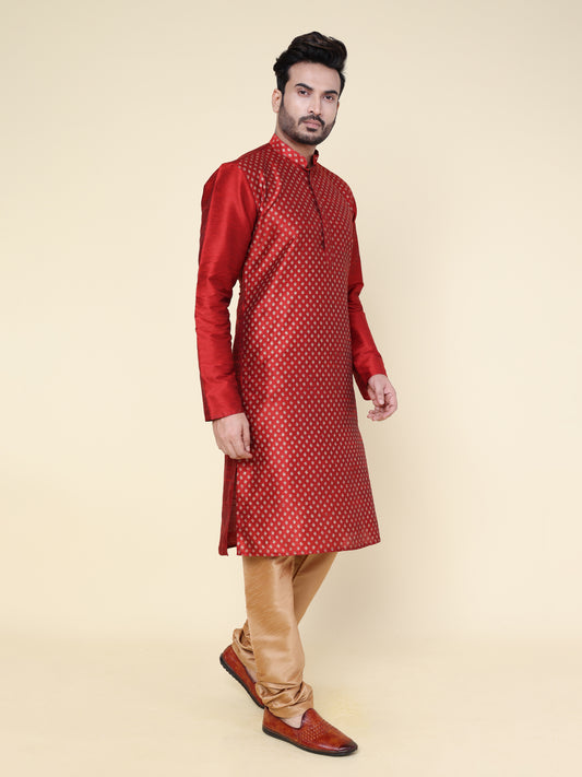 Men’s Maroon Brocade Silk Kurta with Rose Gold Pajama