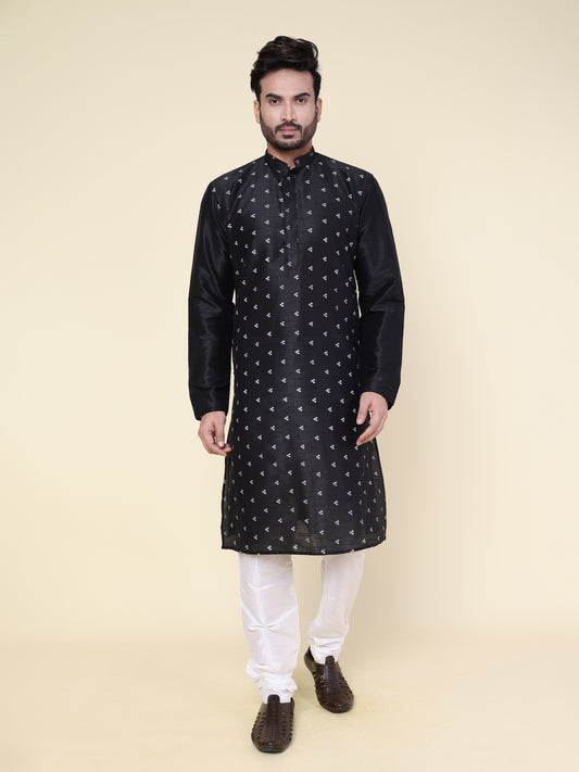 Men’s Black Printed Silk Kurta with Pajama