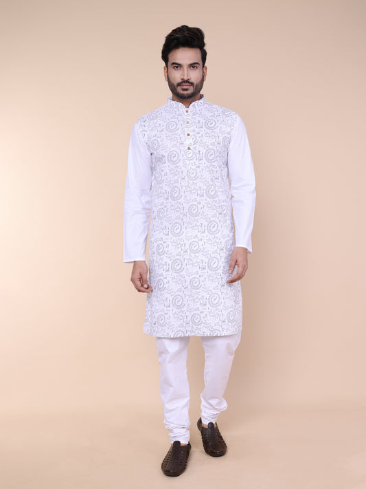 Men’s White Warli Print Cotton Kurta with Pajama