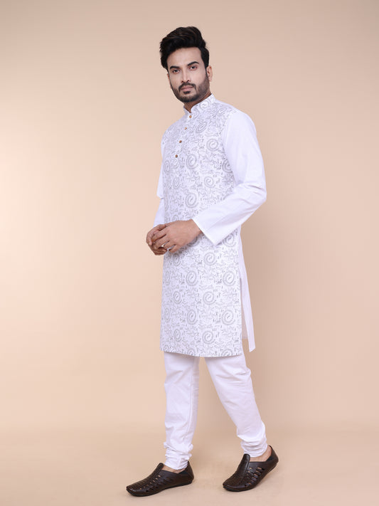 Men’s White Warli Print Cotton Kurta with Pajama