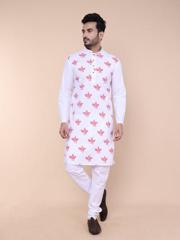 Men’s Divine Red Print Cotton Kurta with Pajama