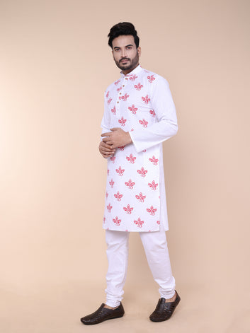Men’s Divine Red Print Cotton Kurta with Pajama