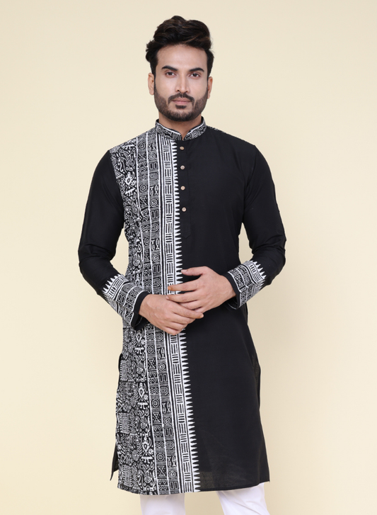 Men’s Black & White Ethnic Printed Cotton Kurta