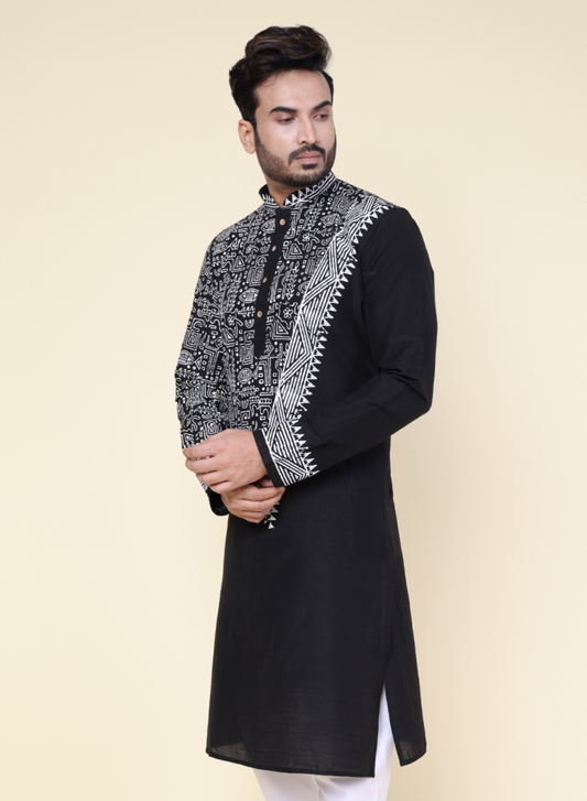Men’s Black Tribal Print V-Pattern Cotton Kurta