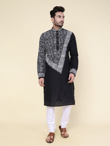 Men’s Black Heritage Hand Block Printed Kurta with White Pajama
