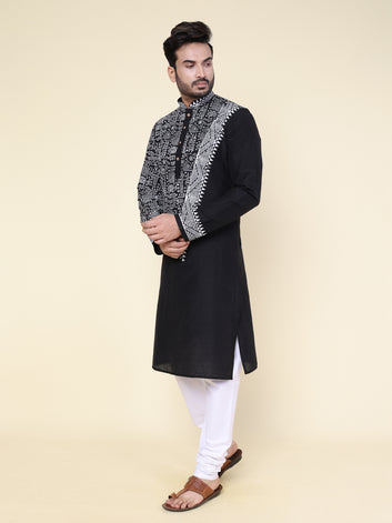 Men’s Black Heritage Hand Block Printed Kurta with White Pajama