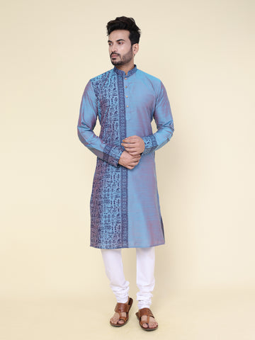 Men’s Aqua Heritage Hand Block Warli Printed Cotton Kurta with White Pajama