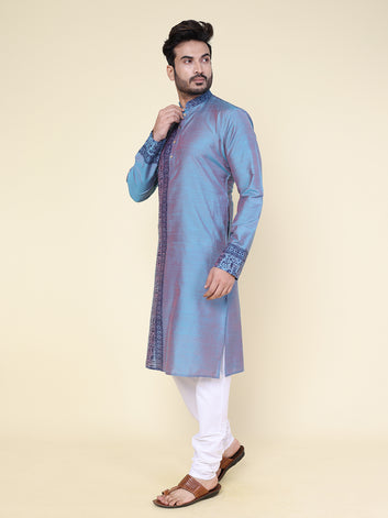 Men’s Aqua Heritage Hand Block Warli Printed Cotton Kurta with White Pajama