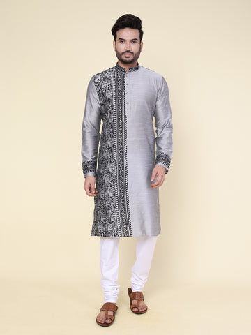 Men’s Grey Heritage Warli Hand Block Printed Kurta with White Pajama