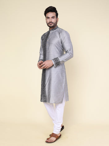 Men’s Grey Heritage Warli Hand Block Printed Kurta with White Pajama